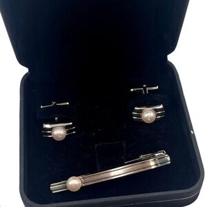 Japanese Vintage Akoya Pearl Tie Clip Cuff Link Set 2013 Japan 10k Gold Plated
